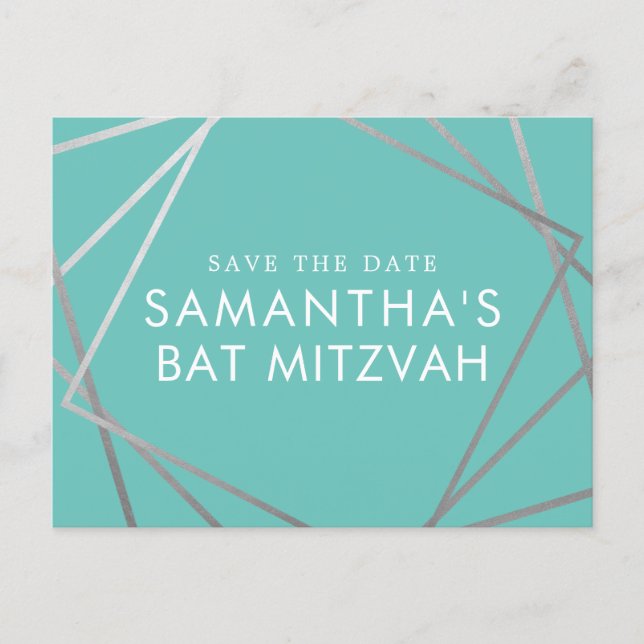 Turquoise Robin Egg Blue Bat Mitzvah Save the Date Announcement Postcard (Front)