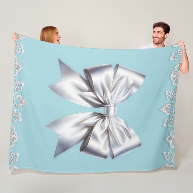 Turquoise Robin's Egg Blue Big White Bow Bridal  Fleece Blanket (In Situ)