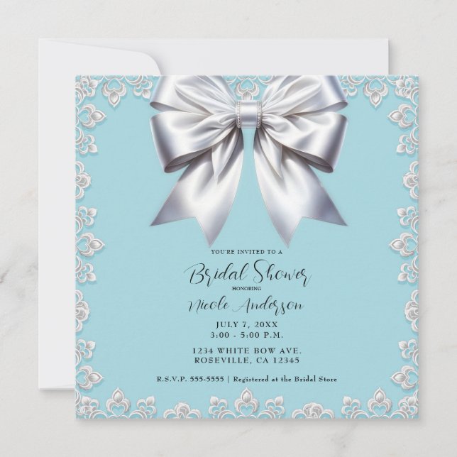 Turquoise Robin's Egg Blue Big White Bow Bridal  Invitation (Front)