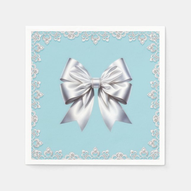 Turquoise Robin's Egg Blue Big White Bow Bridal  Napkins (Front)