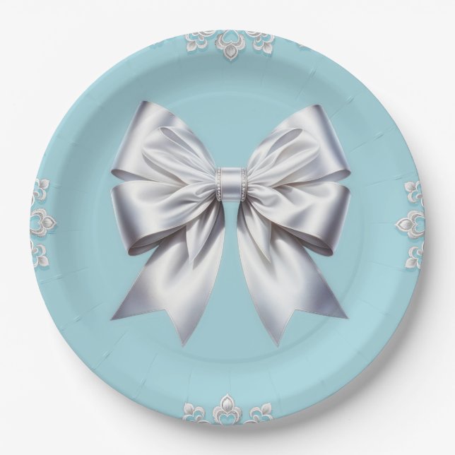 Turquoise Robin's Egg Blue Big White Bow Bridal  Paper Plates (Front)