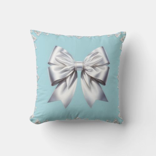 Turquoise Robins Egg Blue Big White Bow Bridal  Throw Pillow