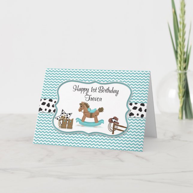 Turquoise Rocking Horse Personalized Birthday Card (Front)