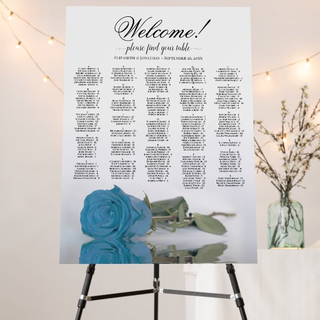 Turquoise Rose Alphabetical Seating Chart Welcome Foam Board (In Situ (Stand))