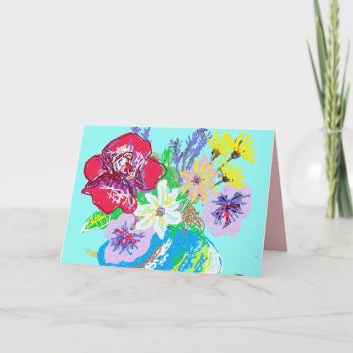 Turquoise Rose and Daisies flowers in Vase Card