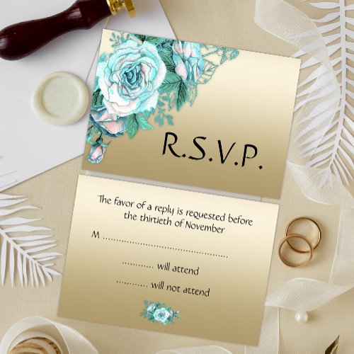 Turquoise Rose Bouquet Golden Wedding  RSVP Card