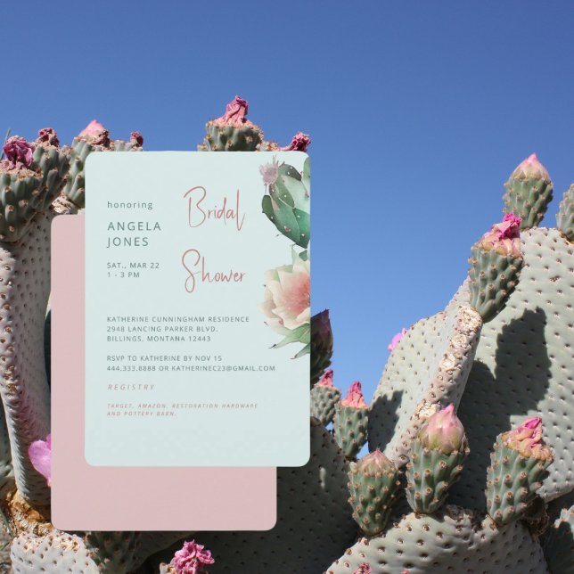 Turquoise & Rose Cactus Tropical Bridal Shower Invitation (Creator Uploaded)