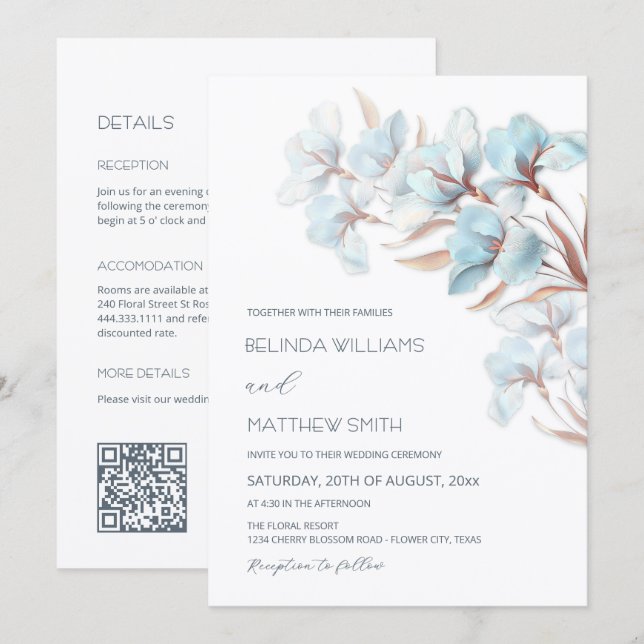 Turquoise Rose Gold Artistic Flowers  Invitation (Front/Back)