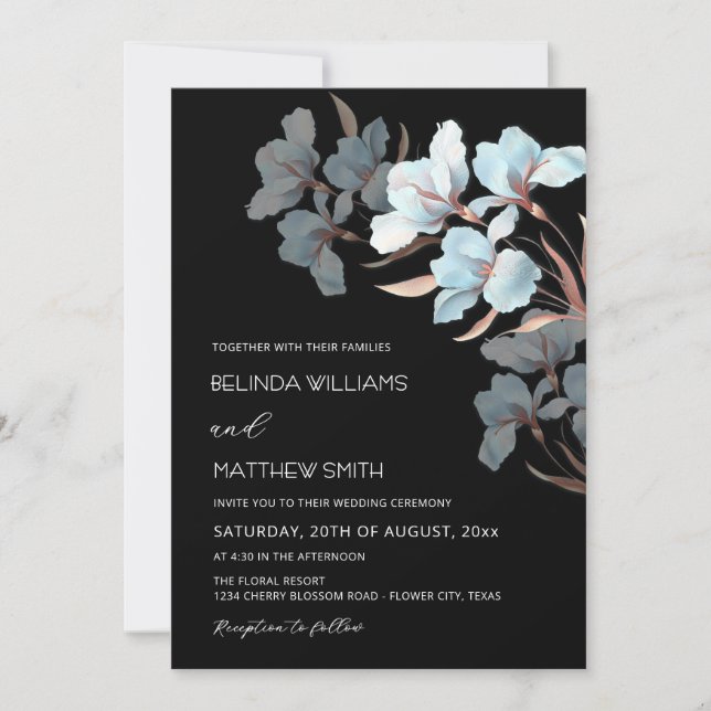 Turquoise Rose Gold Artistic Flowers  Invitation (Front)