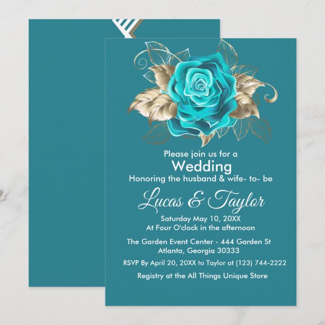 Turquoise Rose & Gold Feathers Wedding Invitation (Front/Back)