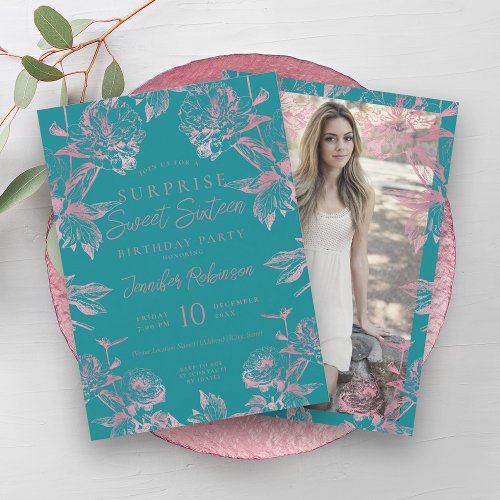 Turquoise Rose Gold Floral SURPRISE Sweet 16   Invitation