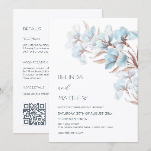 Turquoise Rose Gold Flowers AlI-In-One Wedding Invitation