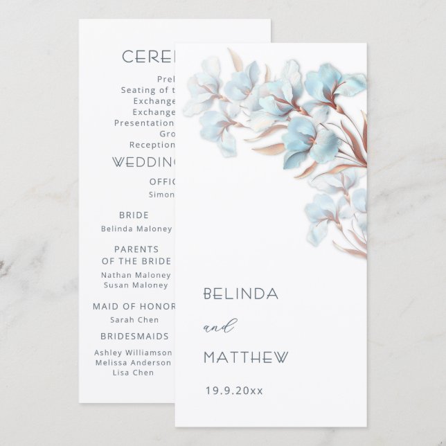 Turquoise Rose Gold Flowers | Wedding Program (Front/Back)