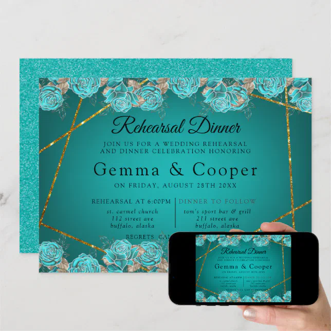 Turquoise Rose Gold Geometric Rehearsal Dinner Invitation Zazzle