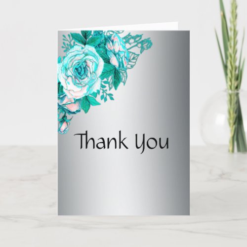 Turquoise Rose Romance Silver Wedding  Thank You Card