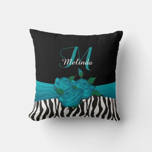 Turquoise Rose Zebra Animal Stripes Throw Pillow