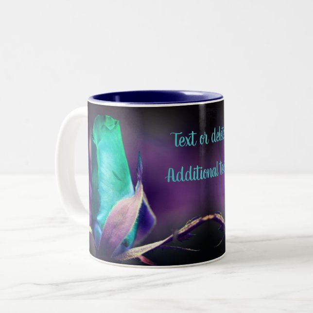 Turquoise Rosebud Floral Art Personalized  Two-Tone Coffee Mug (Front Left)
