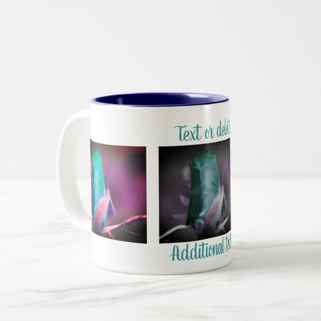 Turquoise Rosebud Flower Art Personalized Two-Tone Coffee Mug (Front Left)