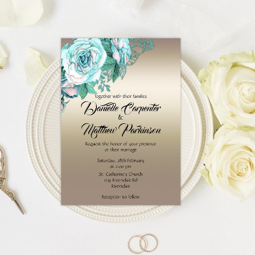 Turquoise Roses and Golden Elegance Wedding Invitation