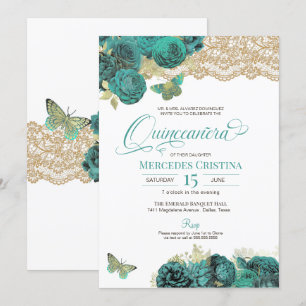 Turquoise Roses and Lace Butterfly Quinceañera Inv Invitation