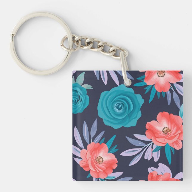 Turquoise Roses & Coral Flowers with Pastel Leaves Keychain (Front)