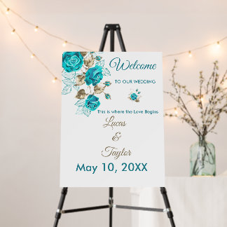 Turquoise Roses & Gold Assent Wedding Welcome Sign