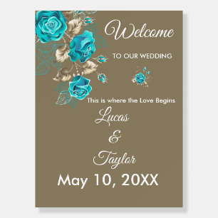 Turquoise Roses & Gold Assent Wedding Welcome Sign