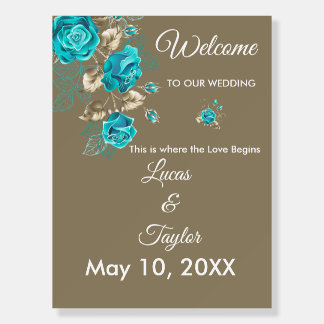Turquoise Roses & Gold Assent Wedding Welcome Sign