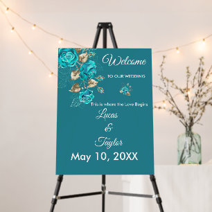 Turquoise Roses & Gold Assent Wedding Welcome Sign