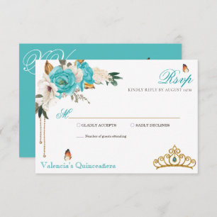 Turquoise Roses Gold Gemstone Tiara Quinceanera RSVP Card