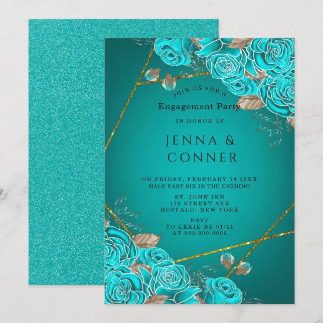Turquoise Roses Gold Geometric Engagement Party Invitation (Front/Back)
