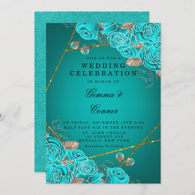Turquoise Roses Gold Geometric Wedding  Invitation (Front/Back)