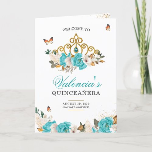 Turquoise Roses Gold Tiara Butterfly Quinceanera Program