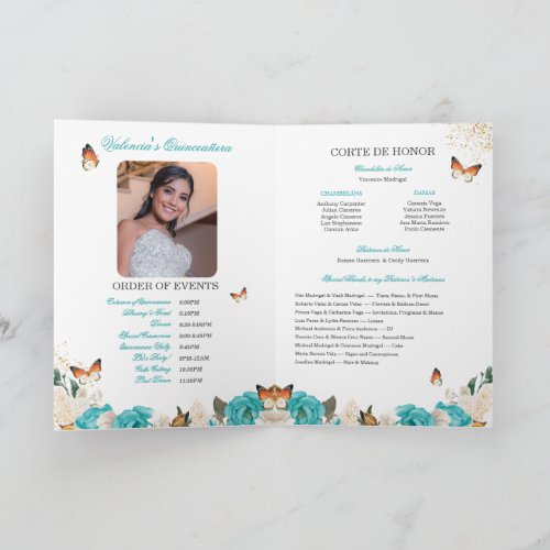 Turquoise Roses Gold Tiara Butterfly Quinceanera Program