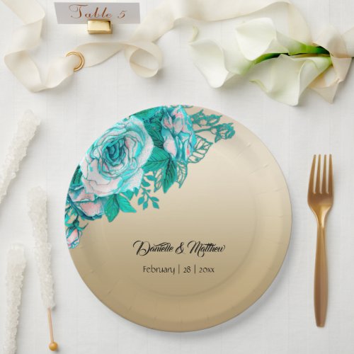 Turquoise Roses on Gold Wedding Paper Plates