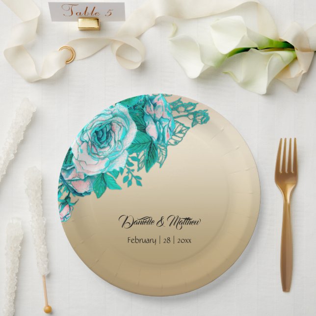 Turquoise Roses on Gold Wedding Paper Plates (Wedding)