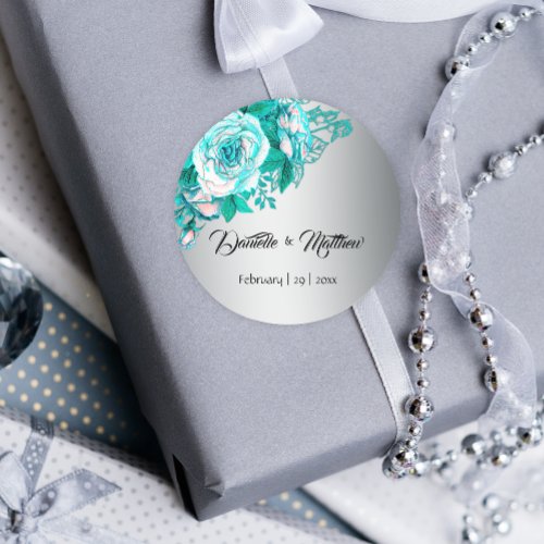 Turquoise Roses on Silver Wedding Classic Round Sticker