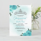 Turquoise Roses Silver Tiara Quinceañera Birthday  Invitation (Standing Front)