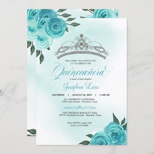 Turquoise Roses Silver Tiara Quinceañera Birthday  Invitation (Front/Back)