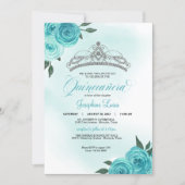 Turquoise Roses Silver Tiara Quinceañera Birthday  Invitation (Front)