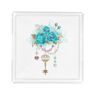 Turquoise Roses with Keys Acrylic Tray