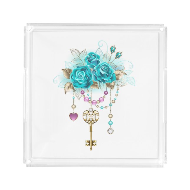 Turquoise Roses with Keys Acrylic Tray (Front)