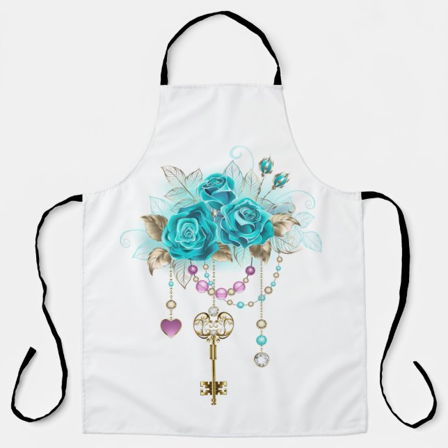 Turquoise Roses with Keys Apron (Front)