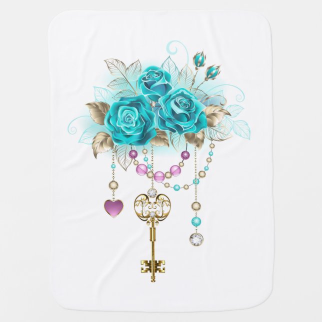 Turquoise Roses with Keys Baby Blanket (Front)