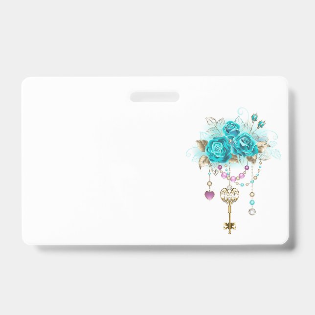 Turquoise Roses with Keys Badge (Front)