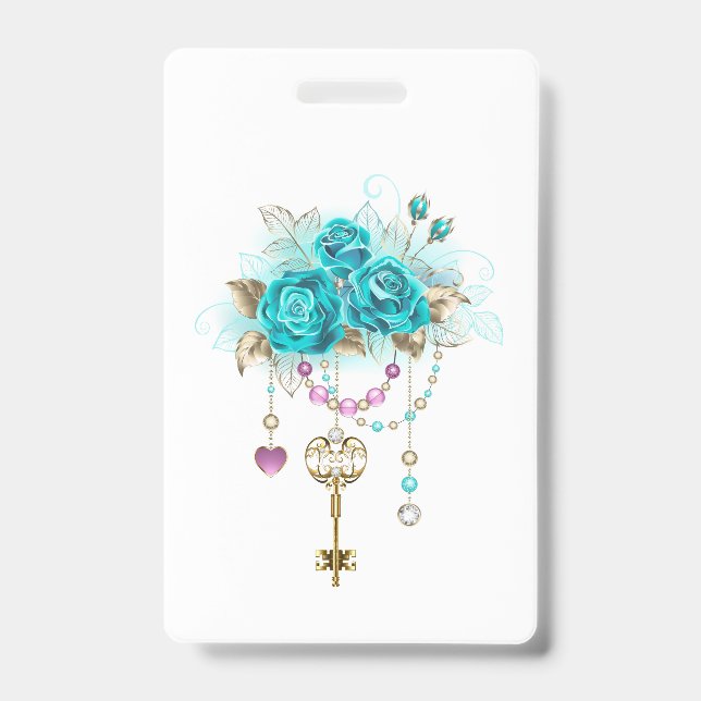 Turquoise Roses with Keys Badge (Front)