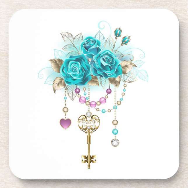 Turquoise Roses with Keys Beverage Coaster (Front)
