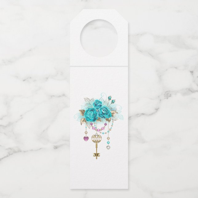 Turquoise Roses with Keys Bottle Hanger Tag (Front)