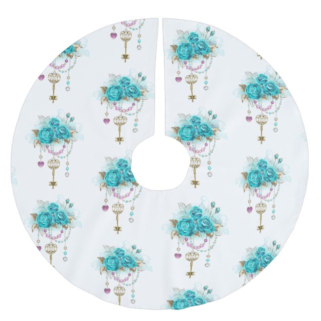 Turquoise Roses with Keys Brushed Polyester Tree Skirt (Front)