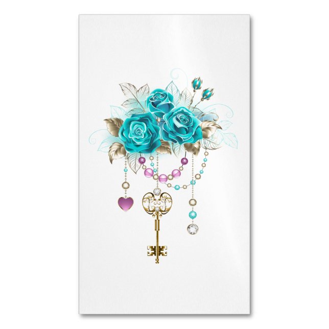 Turquoise Roses with Keys Business Card Magnet (Front Vertical)